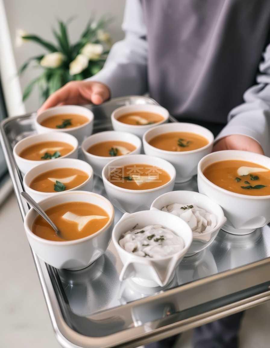 提升餐饮体验 带餐饮汤和服务的托盘